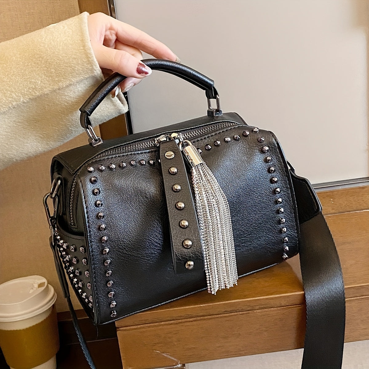 Vintage-Inspired Tassel Embellished Boston Handbag - Women's Fashion Crossbody Bag with Studded Decor, Chains Shoulder Strap, and Y2k Style Novelty Design - Perfect for Wedding Party, Designer Messenger Purse with Punk Rock Flair