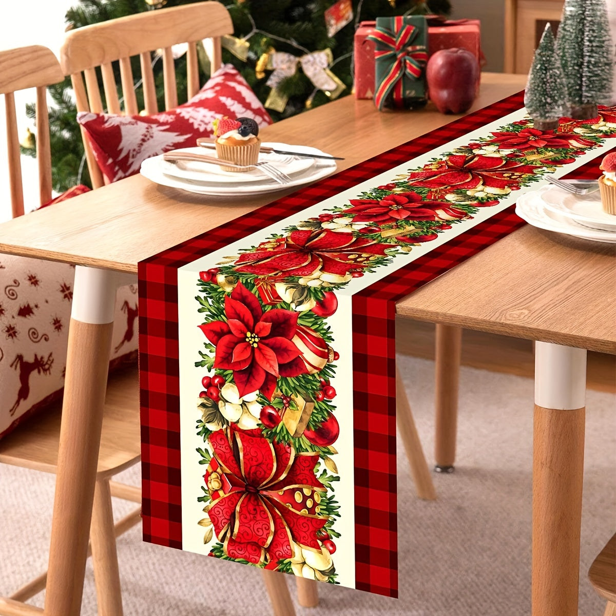 Festive Christmas Table Runner: 1PC Polyester Table Runner with Christmas Floral and Gift Elements, Perfect for Winter Holidays and Family Gatherings