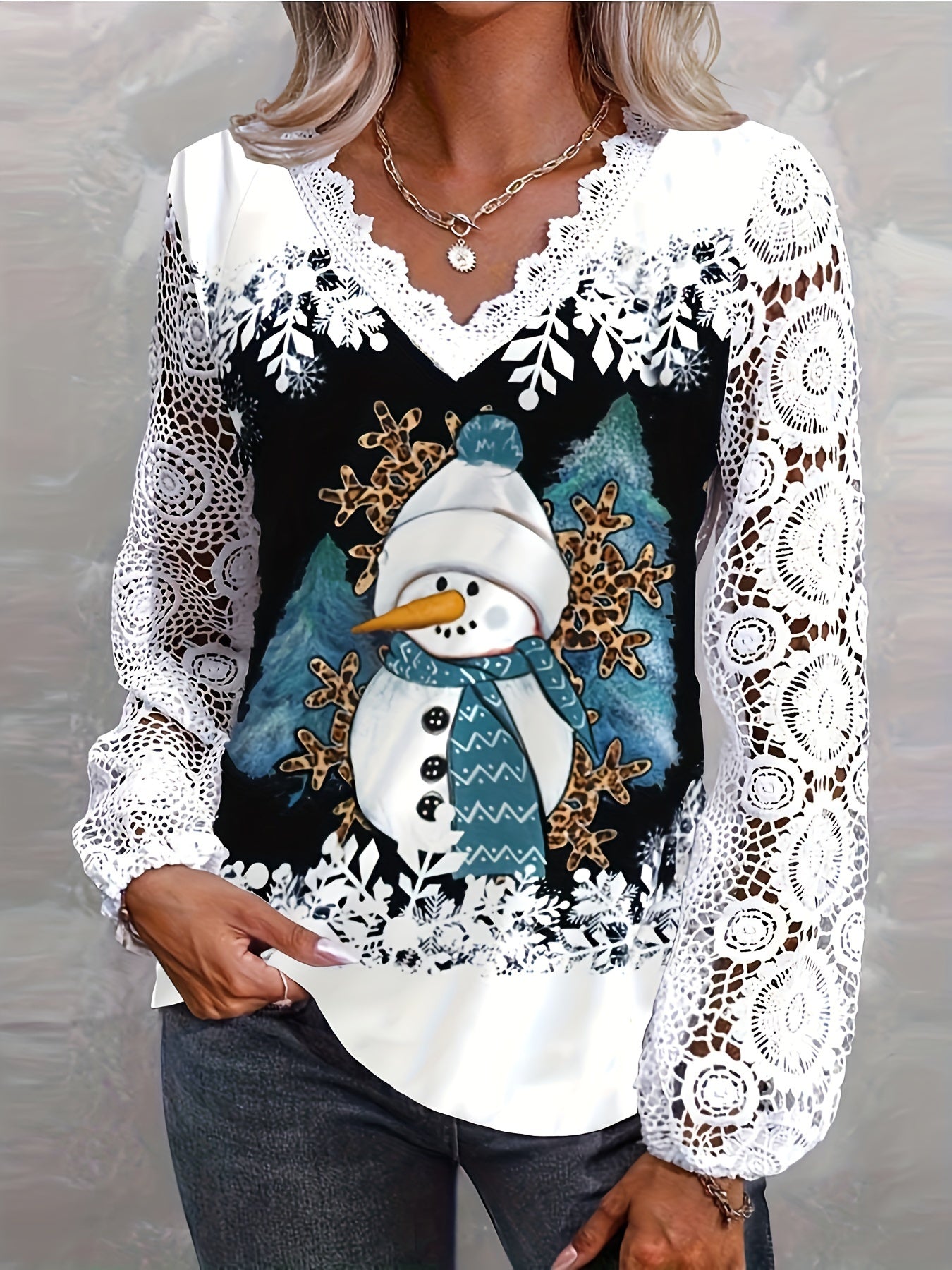 Elegant Christmas Lace-Trim V-Neck Top with Snowman Print - Long Sleeve, Machine Washable - Perfect for Spring & Fall