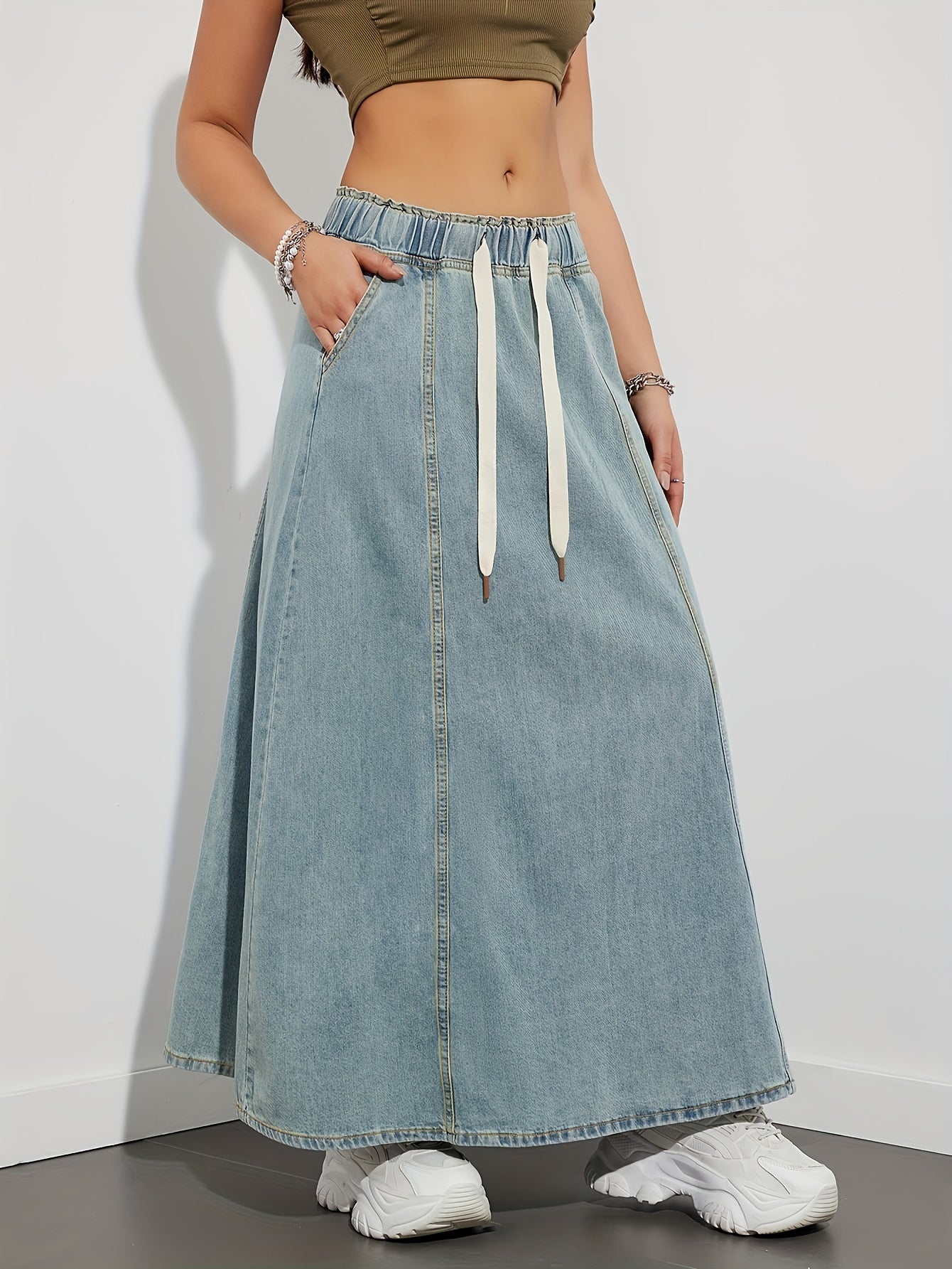 Stylish Women's Maxi Denim Skirt - Drawstring Elastic Waistband, Loose Fit, Plain Washed Blue, Casual Style, Comfortable, Versatile, and Flattering - Perfect for Daily Wear and Outdoor Activities