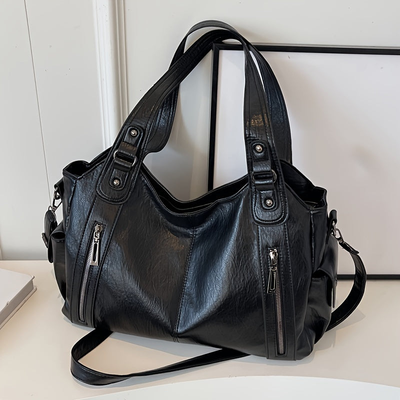 Vintage Chic Large Capacity PU Leather Shoulder Tote Bag - Stylish Women's Crossbody Bag with Maillard Finish, Multiple Pockets, and Adjustable Strap - Black and Coffee Color Options