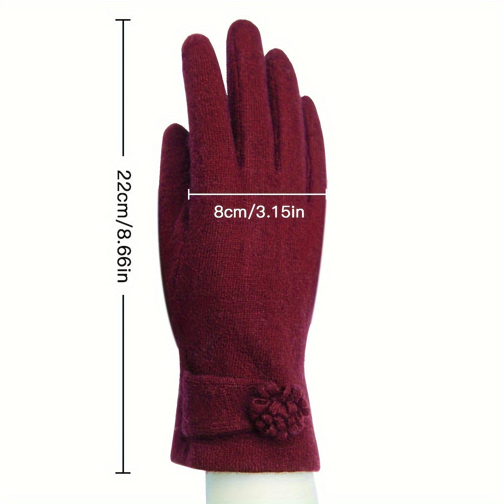 Simple Daisy Flower Decor Gloves Elegant Solid Color Warm Touchscreen Gloves Autumn Winter Coldproof Riding Gloves