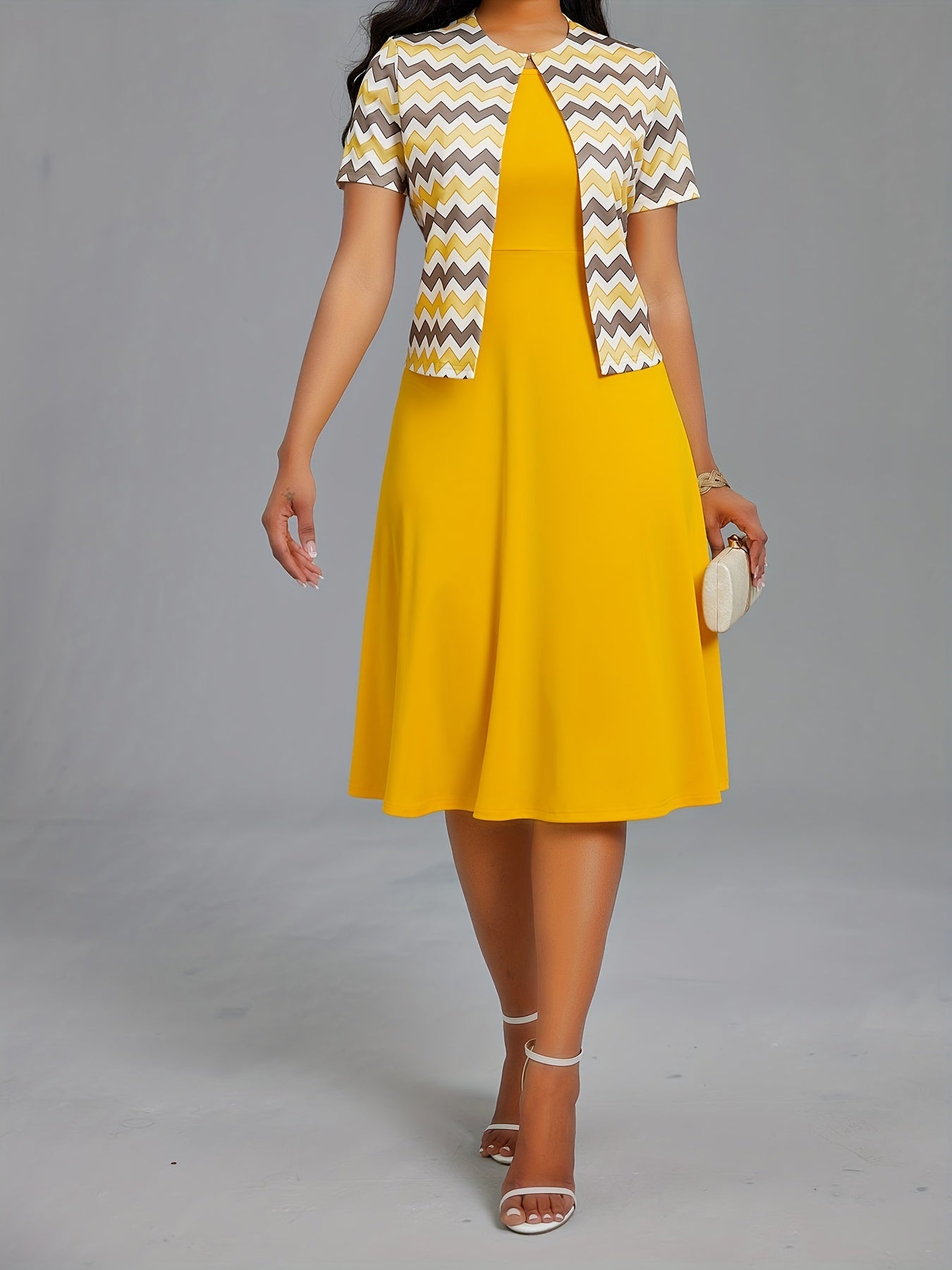 Chic Spring & Summer Dress Set - Stylish Wave Pattern Open Front Cardigan & Soft Solid Color Crew Neck Dress Outfit - Perfect for Casual Elegance