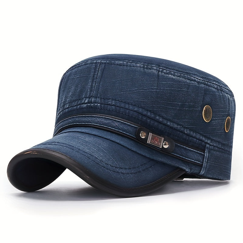 Stylish Unisex Leather Flat Top Hat - Men's Accessories, Military-Inspired Baseball Cap with Sun Protection, Adjustable One-Size-Fits-Most Design, and Vintage Washed Look