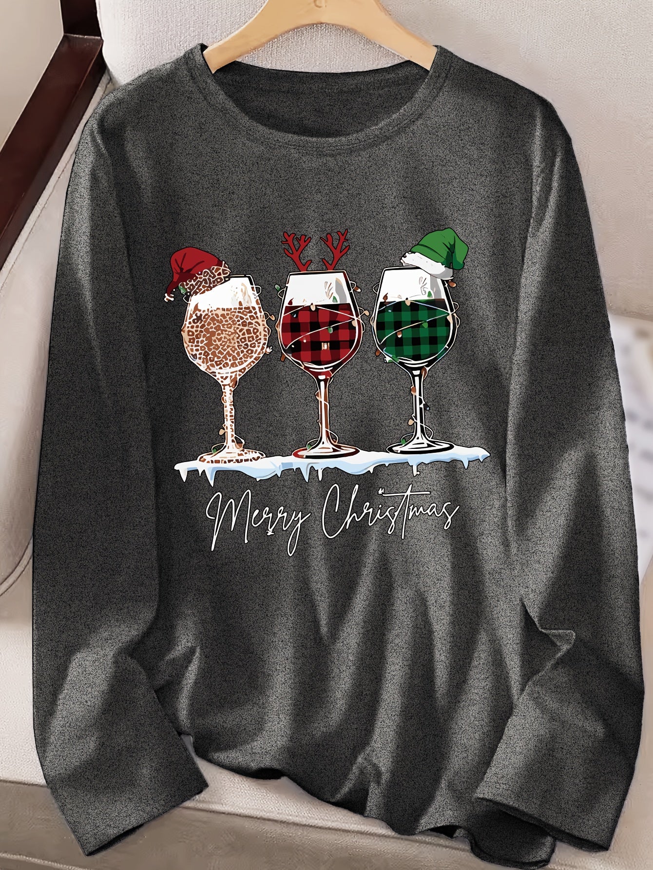 Women's Festive Christmas Wine Glass & Letter Print Long Sleeve T-Shirt - Casual Crew Neck, Polyester, Machine Washable