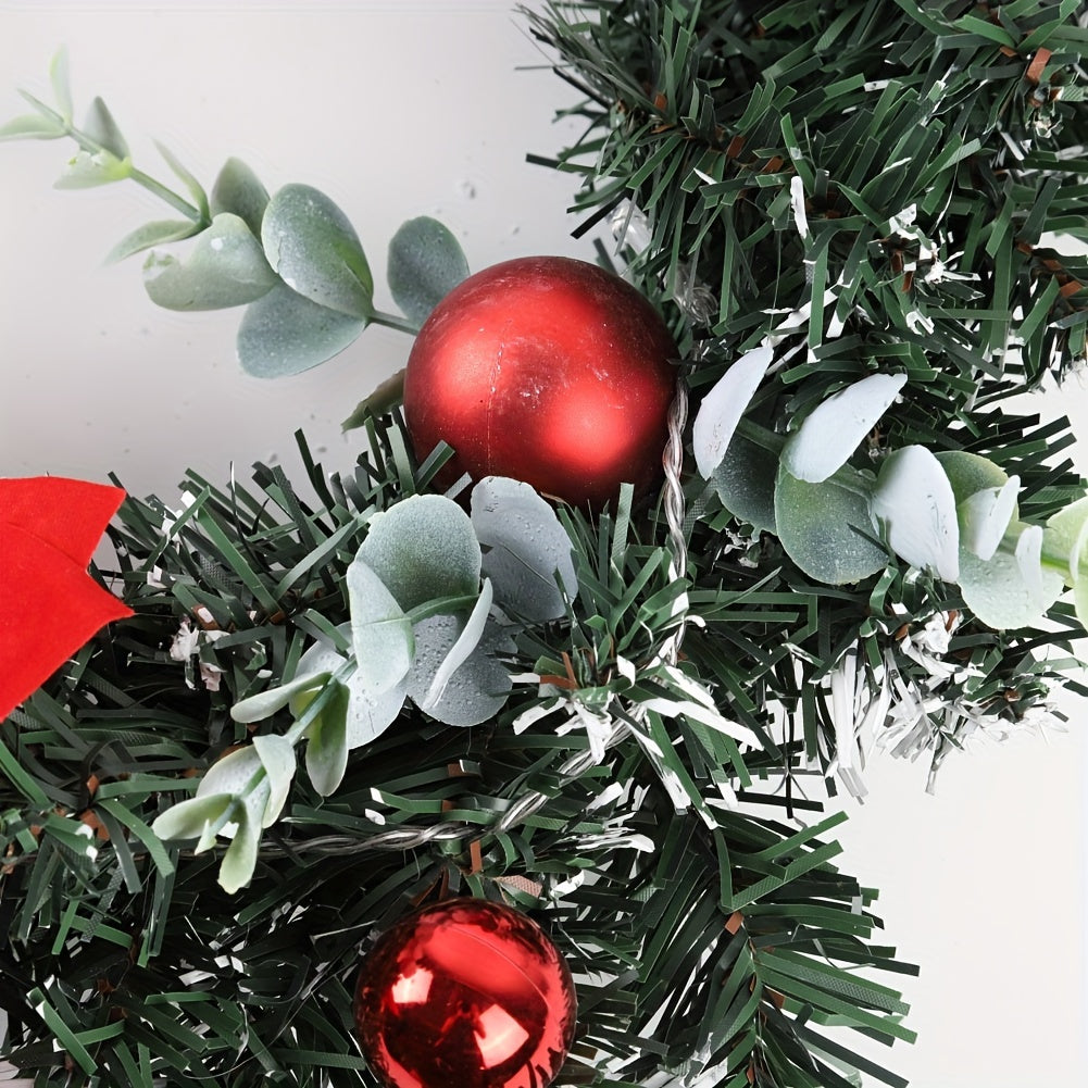 15.7 Inch Christmas Wreath Door Wall Ornament Artificial Wreath, Green Rattan With Red Flower And Ball Decorations And Battery Operated LED Lights For Home Stairs Fireplace Front Porch Door Display Indoor Outdoor Christmas Party Decor