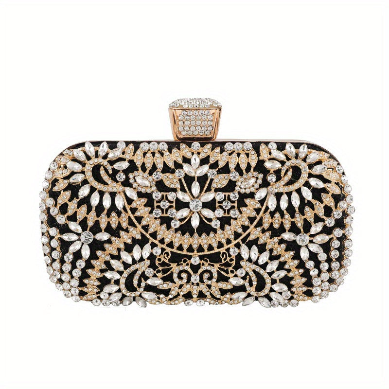 Elegant Hollow Rhinestone Flower Clutch: Fade-Resistant, Versatile Evening Bag with Buckle Closure for All Occasions