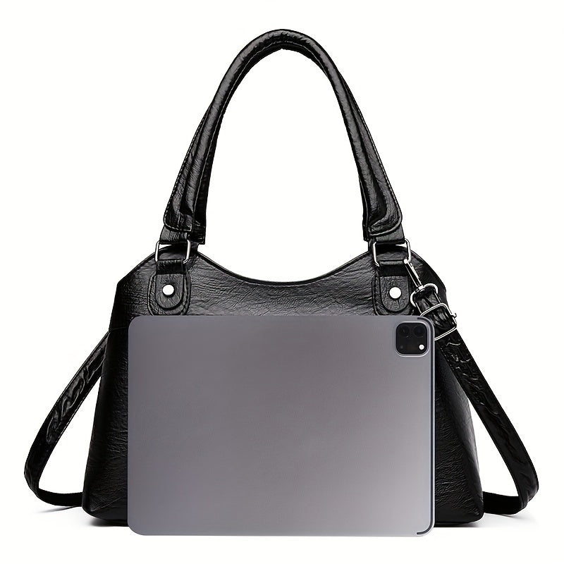 Chic Vintage-Inspired Faux Leather Tote Bag for Women - Versatile Shoulder & Crossbody Design with Adjustable Strap, Multiple Compartments, Zip Closure - Perfect for Work, Travel, and Casual Outings - Black