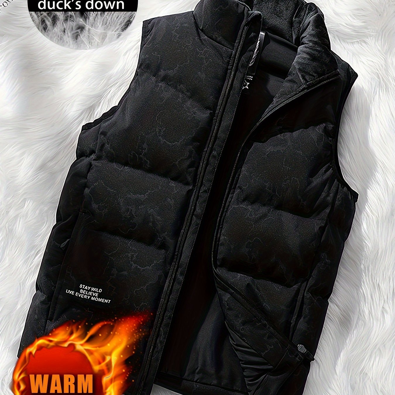 Men's Stylish Solid Sleeveless Down Jacket With Pockets, Casual Breathable Fleece Stand Collar Zip Up Warm Tank Top For City Walk Street Hanging Winter Outdoor Activities