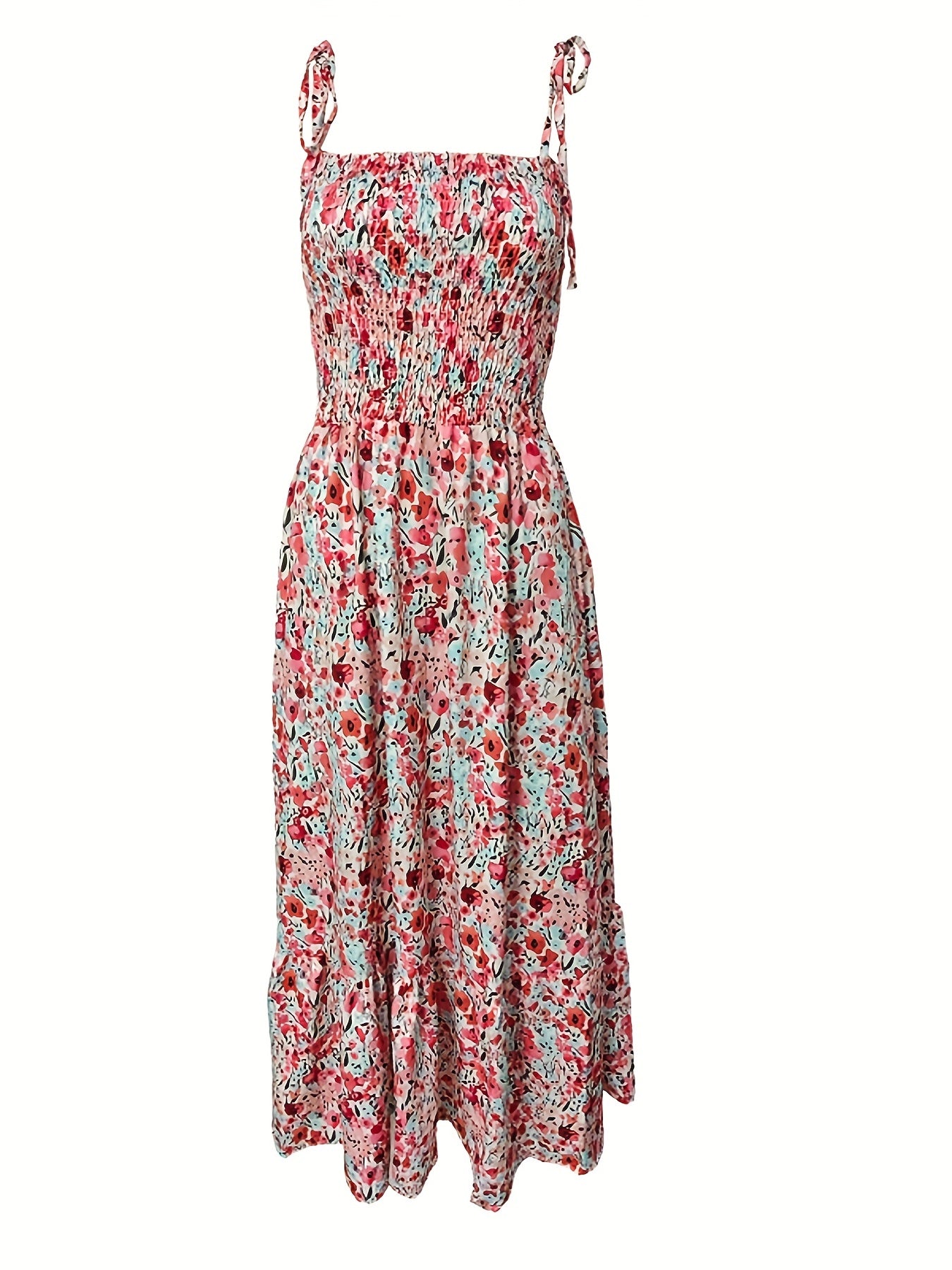 VAKKV Summer Breeze Floral Spaghetti Strap Gown - Sleeveless, Lace-Up, Long Vacation Dress, Easy-Care Polyester