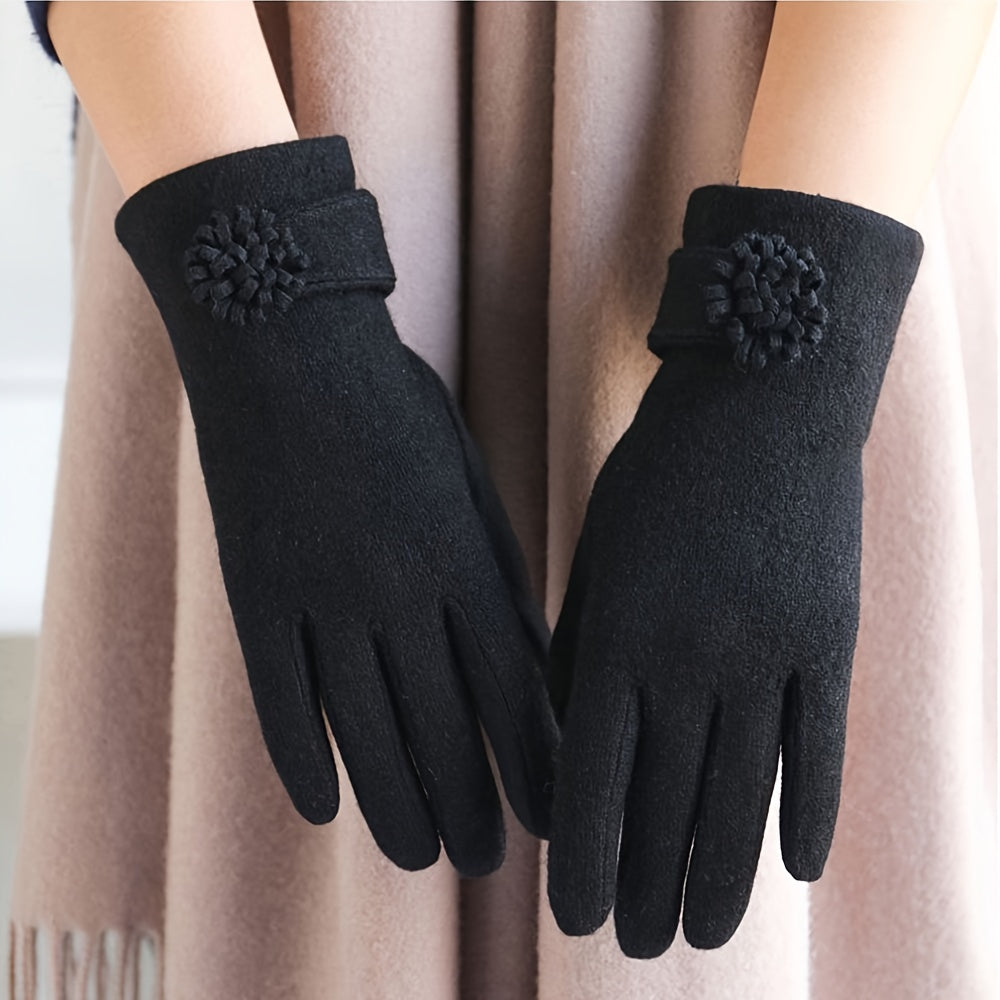 Simple Daisy Flower Decor Gloves Elegant Solid Color Warm Touchscreen Gloves Autumn Winter Coldproof Riding Gloves