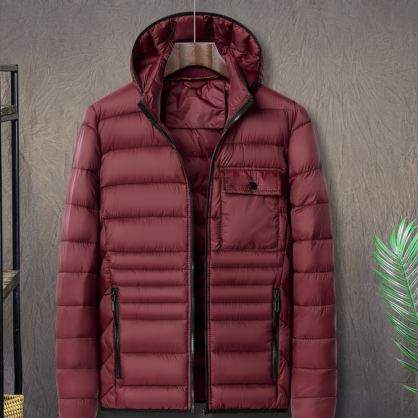 Men's Solid Color Hooded Puff Jacket, Long Sleeve Stand Collar Comfy Warm Trendy Winter Faux Down Coat As Gift