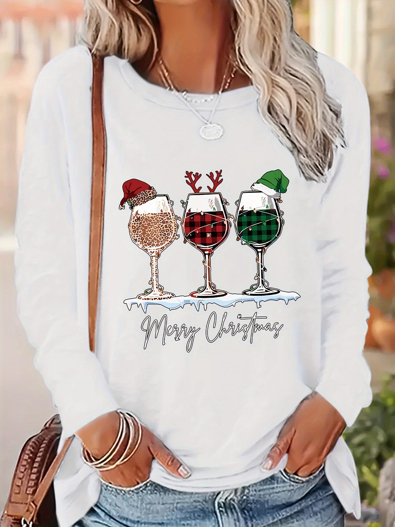 Women's Festive Christmas Wine Glass & Letter Print Long Sleeve T-Shirt - Casual Crew Neck, Polyester, Machine Washable