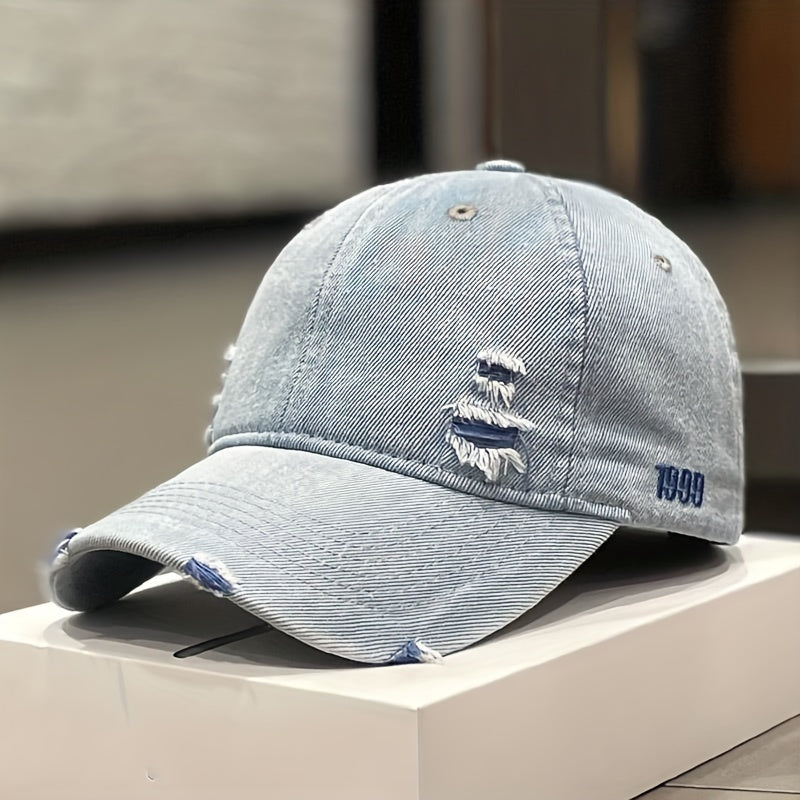 Trendy 1pc Distressed Denim Cap - Rugged Style – Versatile for Casual Wear in Spring to Autumn