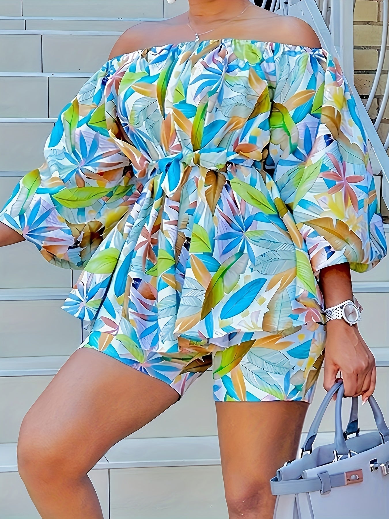 Trendy Leaves Print Sexy Two-Piece Outfit - Accentuating Slim Waist, Flattering Off-The-Shoulder Neckline, Body-Hugging Slim Shorts - Stylish Womens Clothing for Fashion-Conscious Ladies