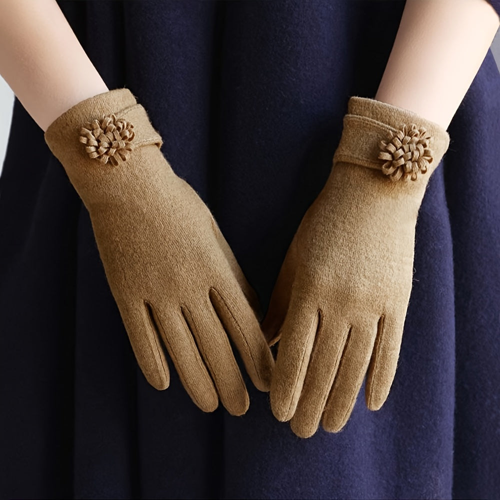 Simple Daisy Flower Decor Gloves Elegant Solid Color Warm Touchscreen Gloves Autumn Winter Coldproof Riding Gloves