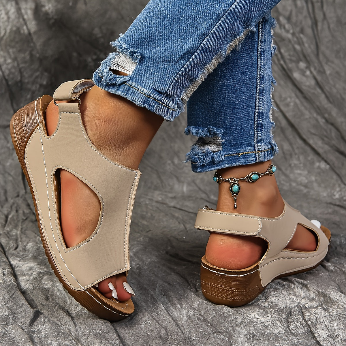 Mid Heel Wedge Sandals for Women - Comfortable Open Toe Ankle Strap Shoes with Faux Leather Upper, Polyurethane PU Sole, and Hook-and-Loop Fastener Closure for Casual Summer Wear - Solid Color, No Printing, Breathable and Easy to Slip On