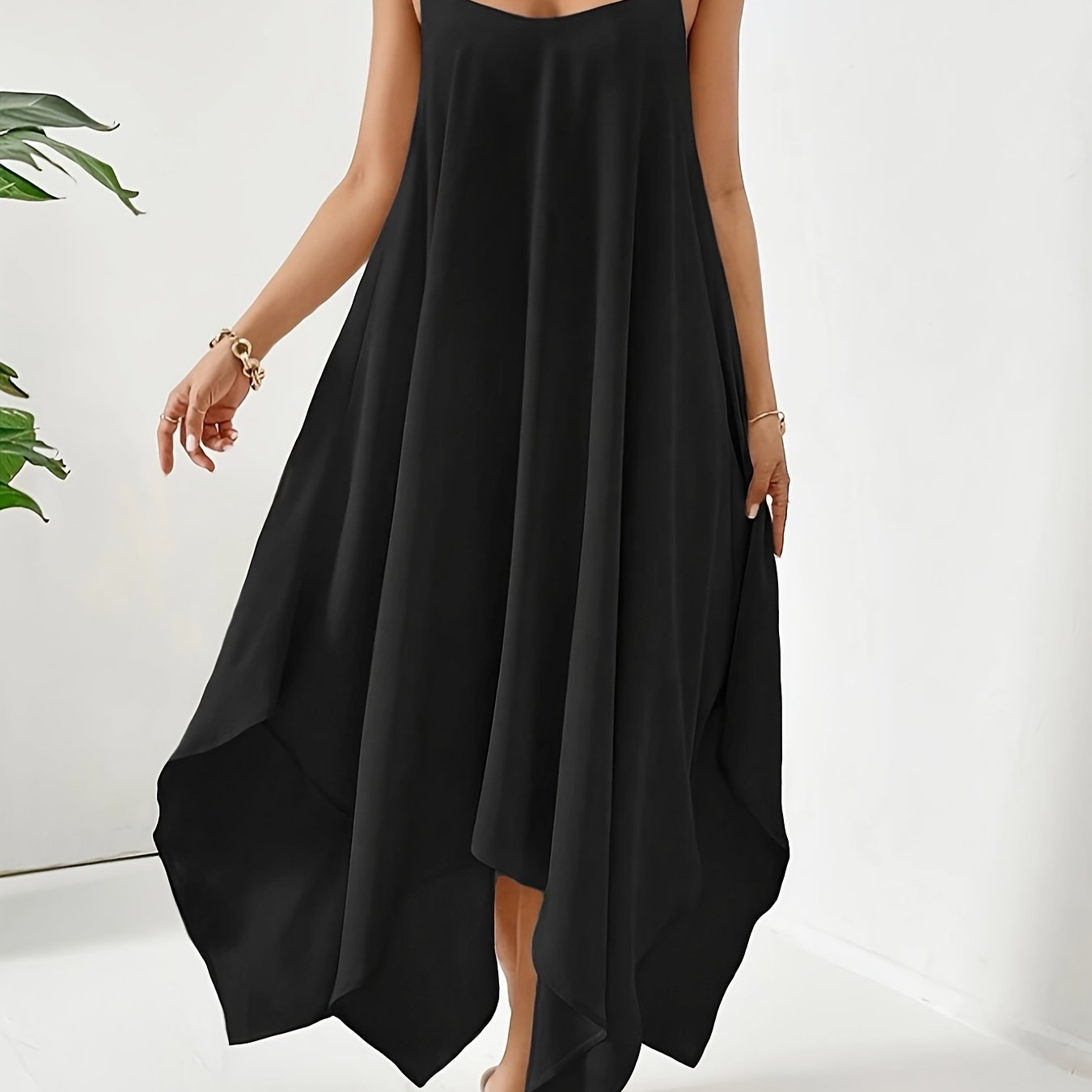 VAKKV Solid Asymmetric Hem Cami Dress, Casual Sleeveless Spaghetti Strap Dress, Women's Clothing