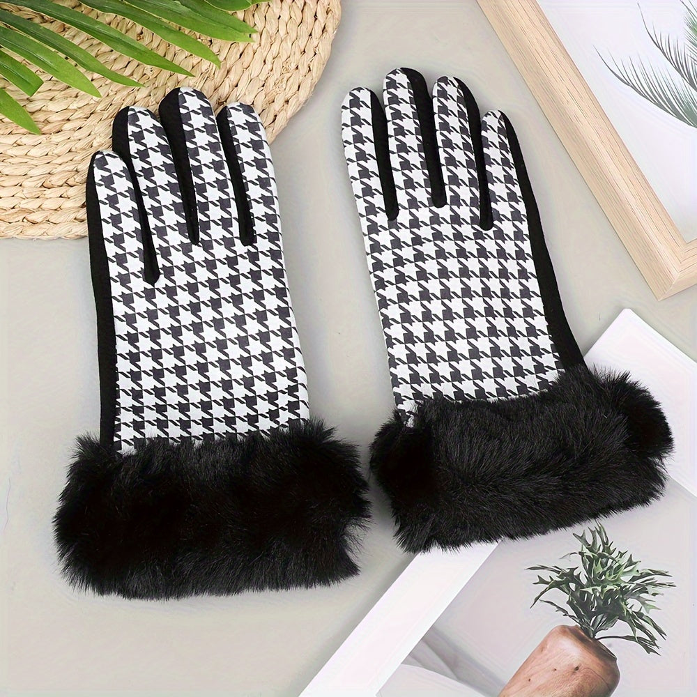 Stylish Houndstooth Touch Screen Gloves - Warm, Non-Elastic, Full Finger Polyester Woven Gloves with Faux Fur Cuffs, Perfect for Weekend Casual Use, Cold Weather, and Outdoor Activities