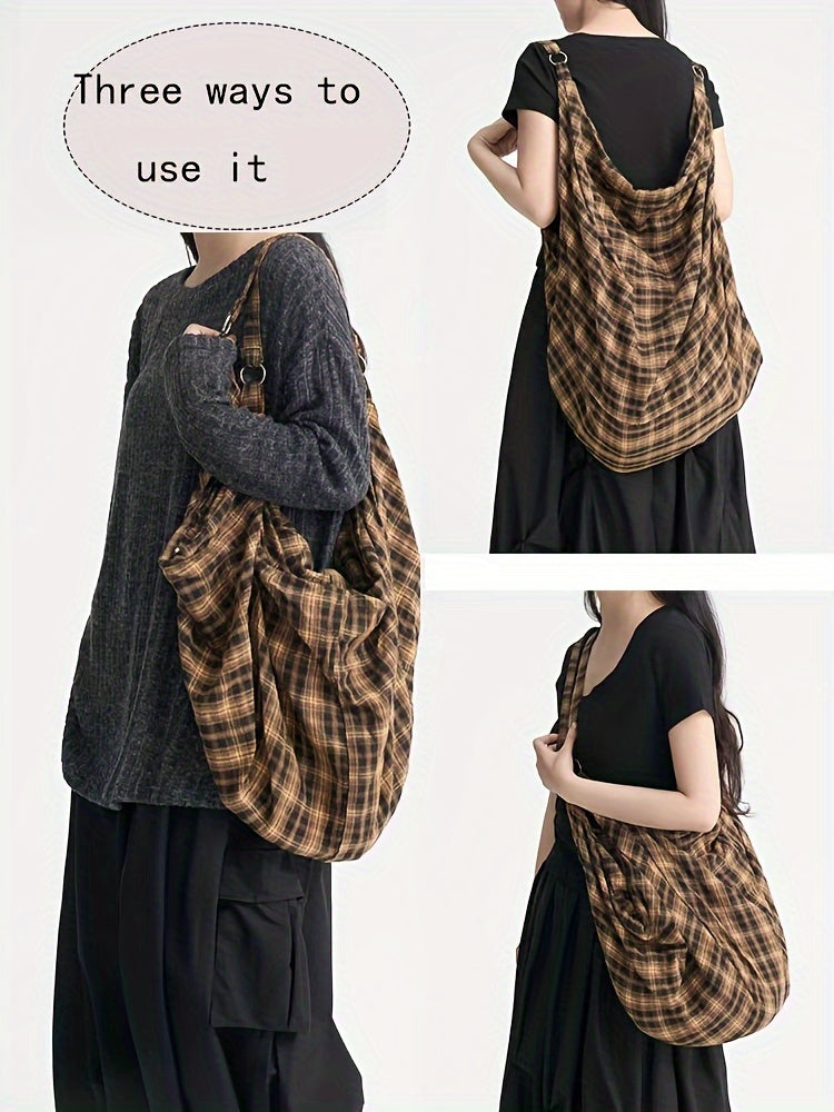 Chic Rock-Inspired Plaid Canvas Backpack - Spacious & Versatile for Work or Casual Outings, Durable Shoulder Straps, Zip Closure