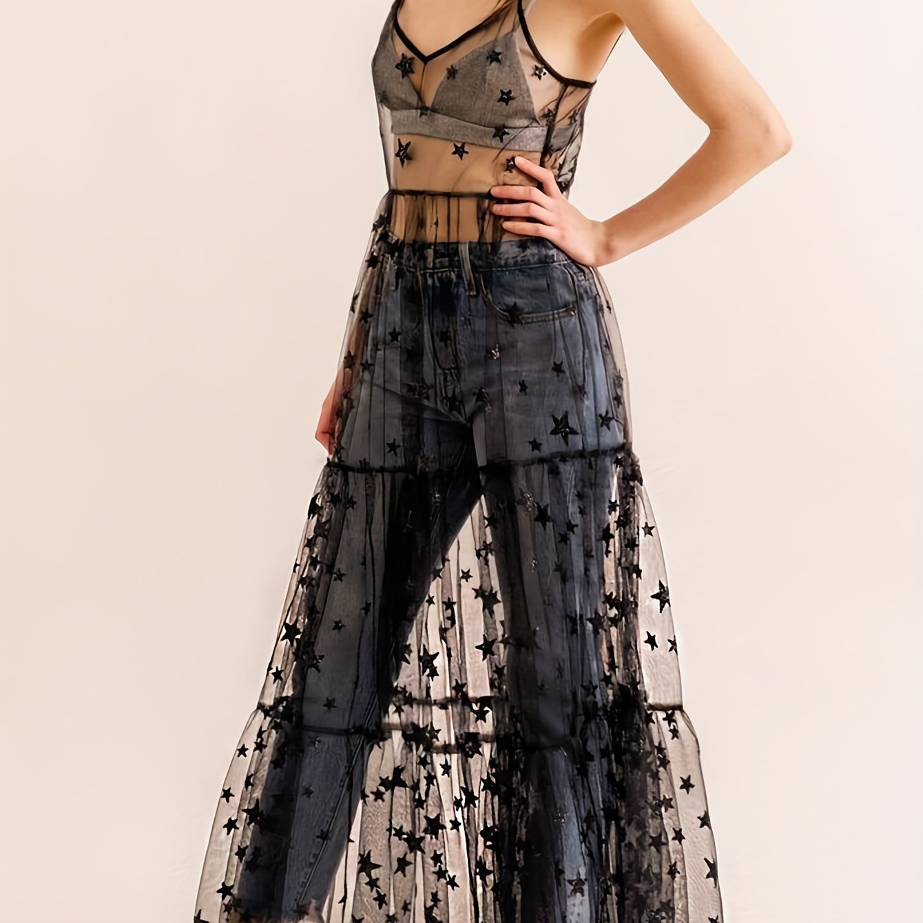 VAKKV Starry Night Sheer Mesh Cover Up Dress - Flirty Ruffles, Spaghetti Straps Cami Style - Womens Beach to Bar Holiday Wear