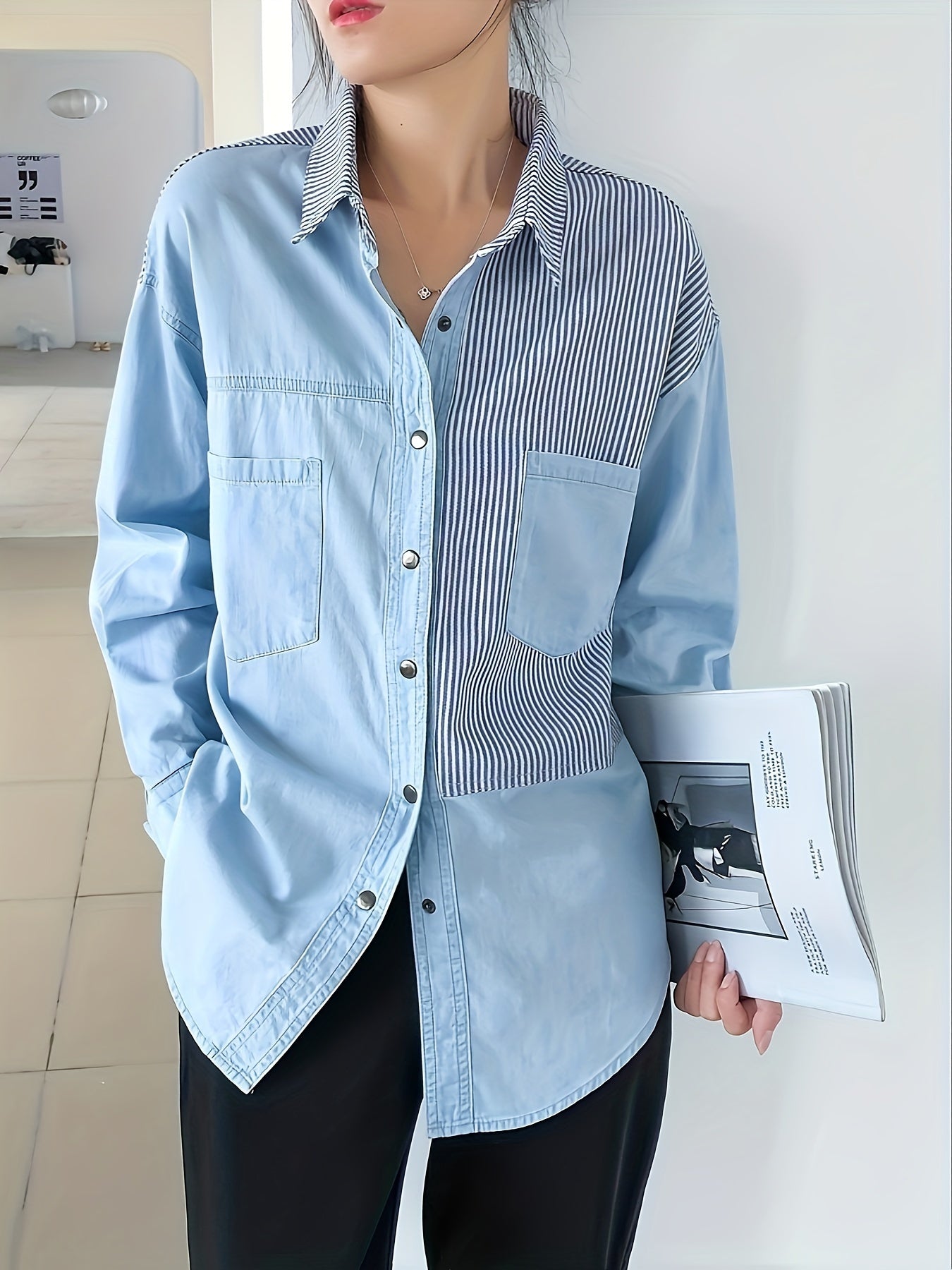 Long Sleeve Relaxed Fit Womens Denim Shirt Top - Soft Non-Stretch Fabric, Casual Polo Style, Color Block Patchwork Blue with Striped Details, Spring/Summer Collection, Button Front, Woven Construction