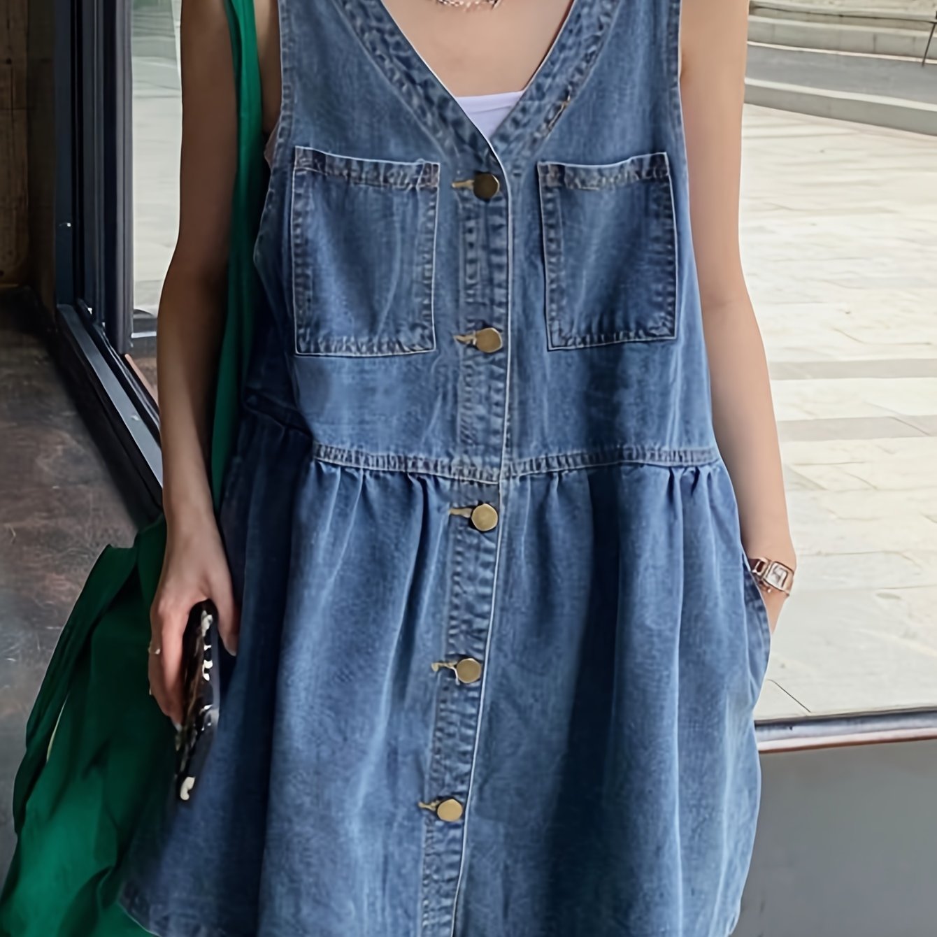 Plain Washed Blue V Neck Button Closure Sleeveless Casual Style Denim Dress, Women's Denim Jeans & Clothing