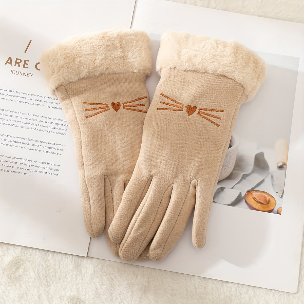 Cozy Women's Suede Gloves with Cute Cat Design - Warm Fleece-Lined Winter Gloves with Plush Cuffs, Touchscreen Compatible & Windproof