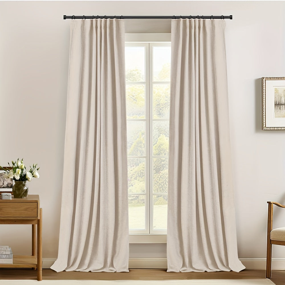 2 Panels 100% Blackout Linen Textured Curtains - Complete Darkness & Thermal Insulation - Natural Elegance for Bedroom & Living Room - Includes Clip Rings or Rod Pocket Options
