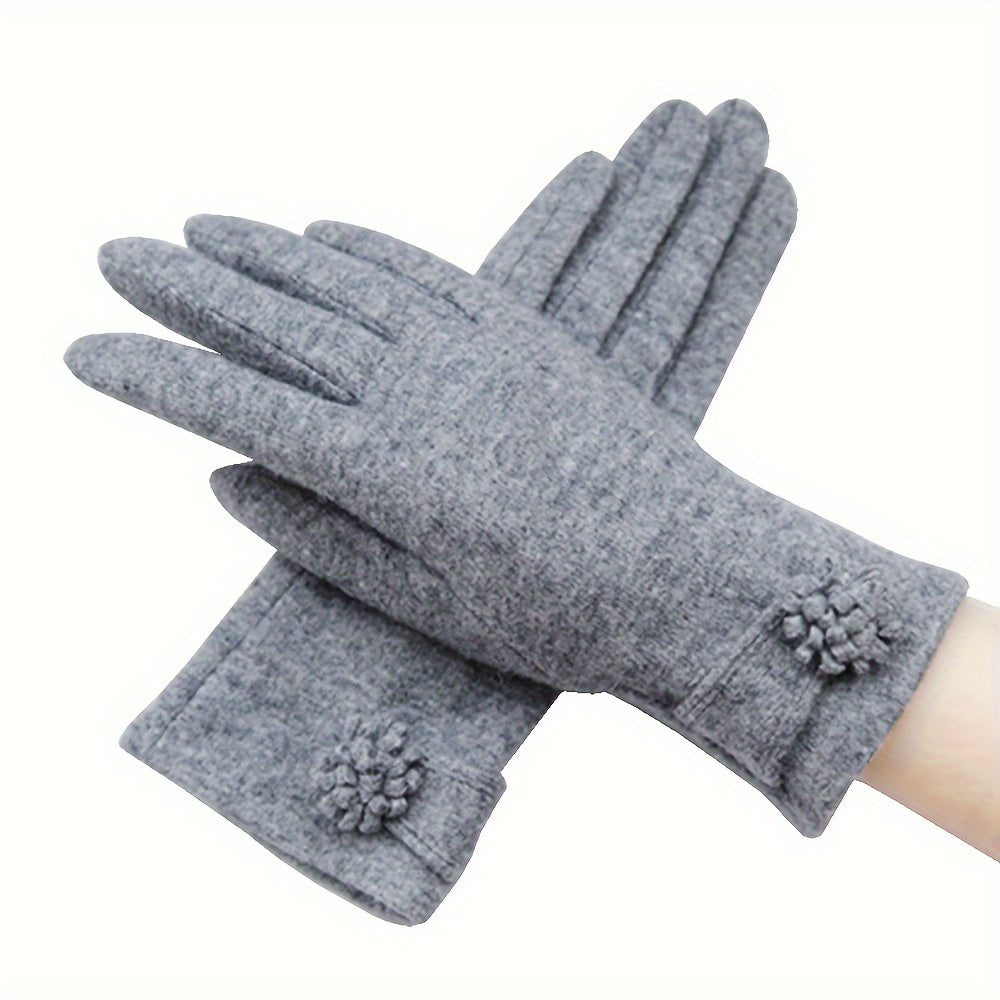 Simple Daisy Flower Decor Gloves Elegant Solid Color Warm Touchscreen Gloves Autumn Winter Coldproof Riding Gloves