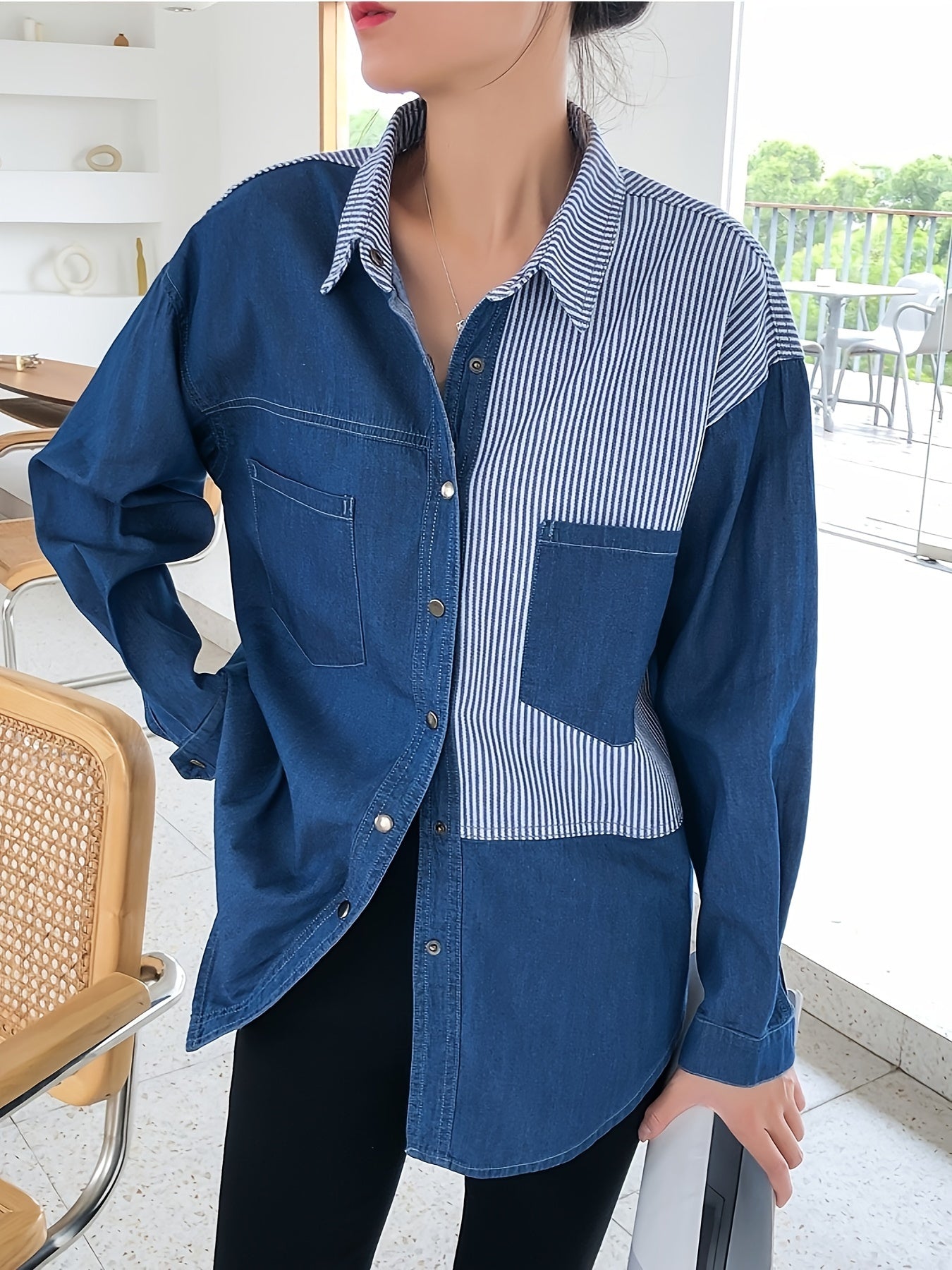 Long Sleeve Relaxed Fit Womens Denim Shirt Top - Soft Non-Stretch Fabric, Casual Polo Style, Color Block Patchwork Blue with Striped Details, Spring/Summer Collection, Button Front, Woven Construction