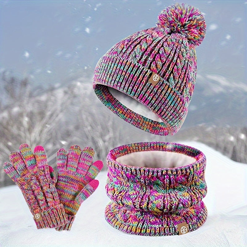 Elegant 3pcs Winter Set for Women: Cozy Fleece-Lined Knit Beanie, Scarf & Gloves - Warm, Windproof & Stylish
