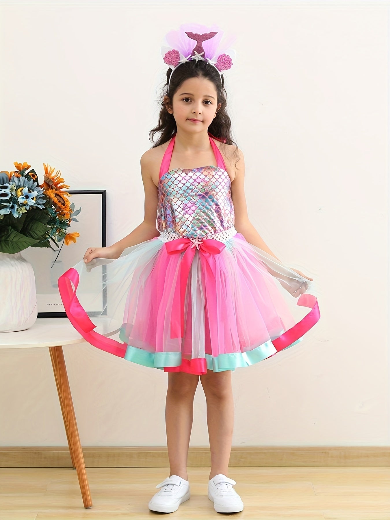 Tutu Dress and Headband Set - Sparkling Fish Scale Pattern Mesh Outfit for Girls - Perfect for Christmas, Halloween, Birthday Party, Performance, and Gift-Giving Occasions