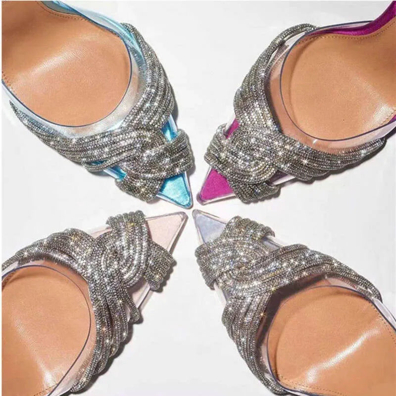 Summer New Women's Roman Rear Strap Pumps Transparent Baotou Rhinestone Pointed Toe High Heels Ultra-High Stiletto Heel Kq8