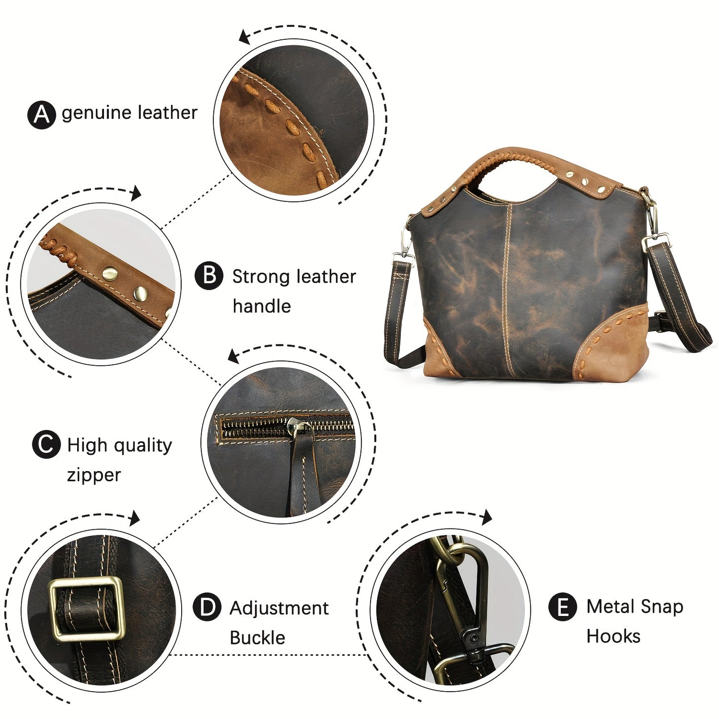 Vintage-Inspired Crazy Horse Leather Satchel Tote Bag for Women - Durable, Stitched, and Spacious with Removable Strap, Adjustable Shoulder Strap, and Polyester Lined Zippered Interior - Perfect for Work, School, or Daily Use