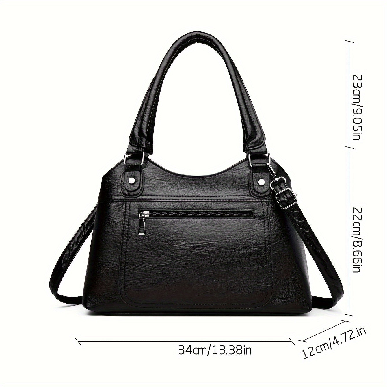 Women's Large Capacity Tote Bag, Vintage Style, Waterproof and Theft-Proof, Solid Color, Casual Versatile Handbag with Adjustable Strap, Zipper Closure, Polyester Lining, Faux Leather, No Print, No Edge Oil, Black