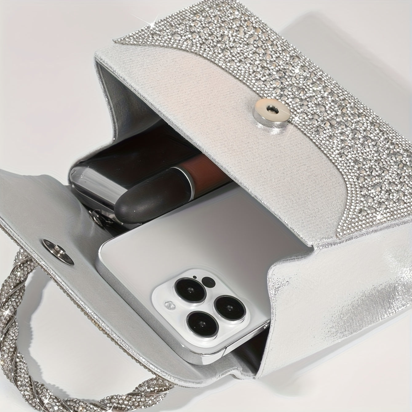 Mini Glitter Rhinestone Satchel Dinner Bag - Shiny Silvery Magnetic Closure Party Flap Handbag with Polyester Lining for Women - Solid Color, Decorative, Sparkling, and Elegant Accessory for Special Occasions