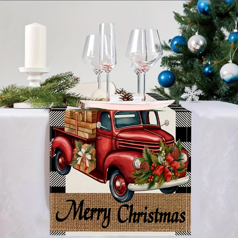 Yuletide Bliss, Merry Christmas Table Runner - Buffalo Plaid with Truck & Tree Design, Polyester, Perfect for Holiday Dining Decor, 13" x 72