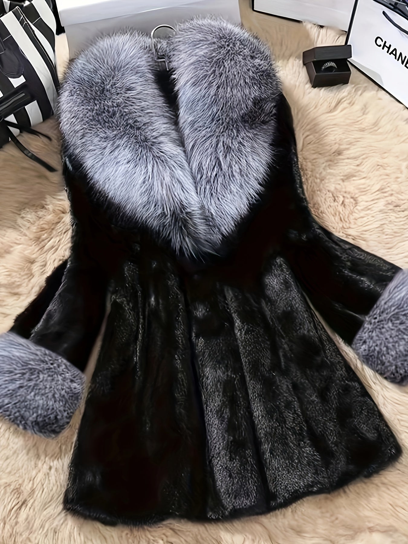 Mid-Length Women's Elegant Faux Fur Coat with Long Sleeve, Collar, Belt, Pockets, and Knit Fabric for Stylish Winter Outerwear