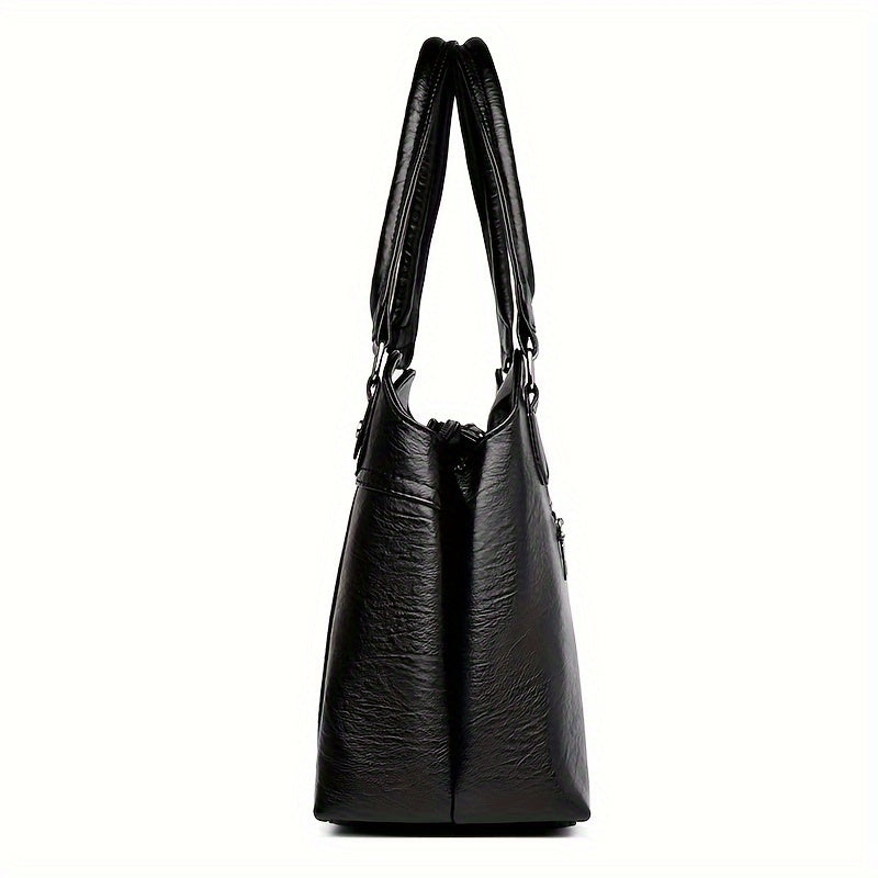 Chic Vintage-Inspired Faux Leather Tote Bag for Women - Versatile Shoulder & Crossbody Design with Adjustable Strap, Multiple Compartments, Zip Closure - Perfect for Work, Travel, and Casual Outings - Black