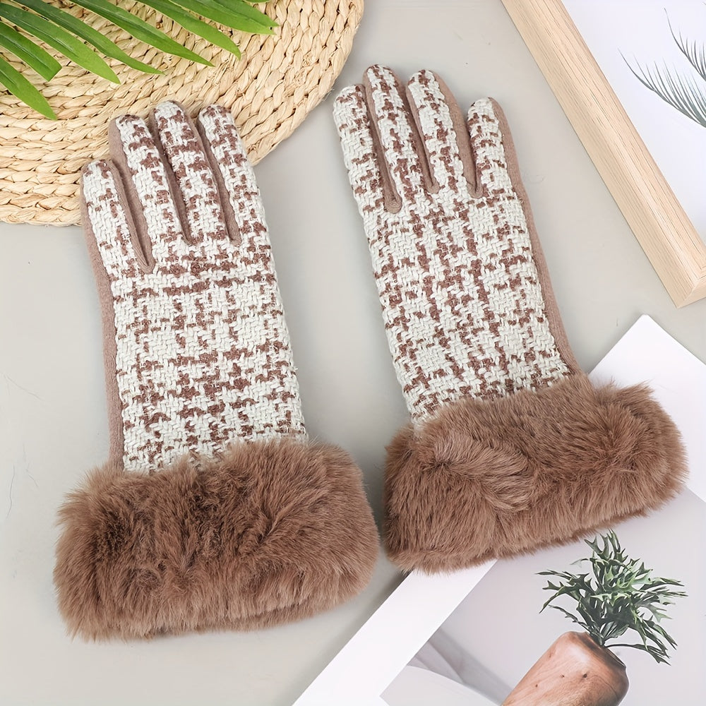 Stylish Houndstooth Touch Screen Gloves - Warm, Non-Elastic, Full Finger Polyester Woven Gloves with Faux Fur Cuffs, Perfect for Weekend Casual Use, Cold Weather, and Outdoor Activities
