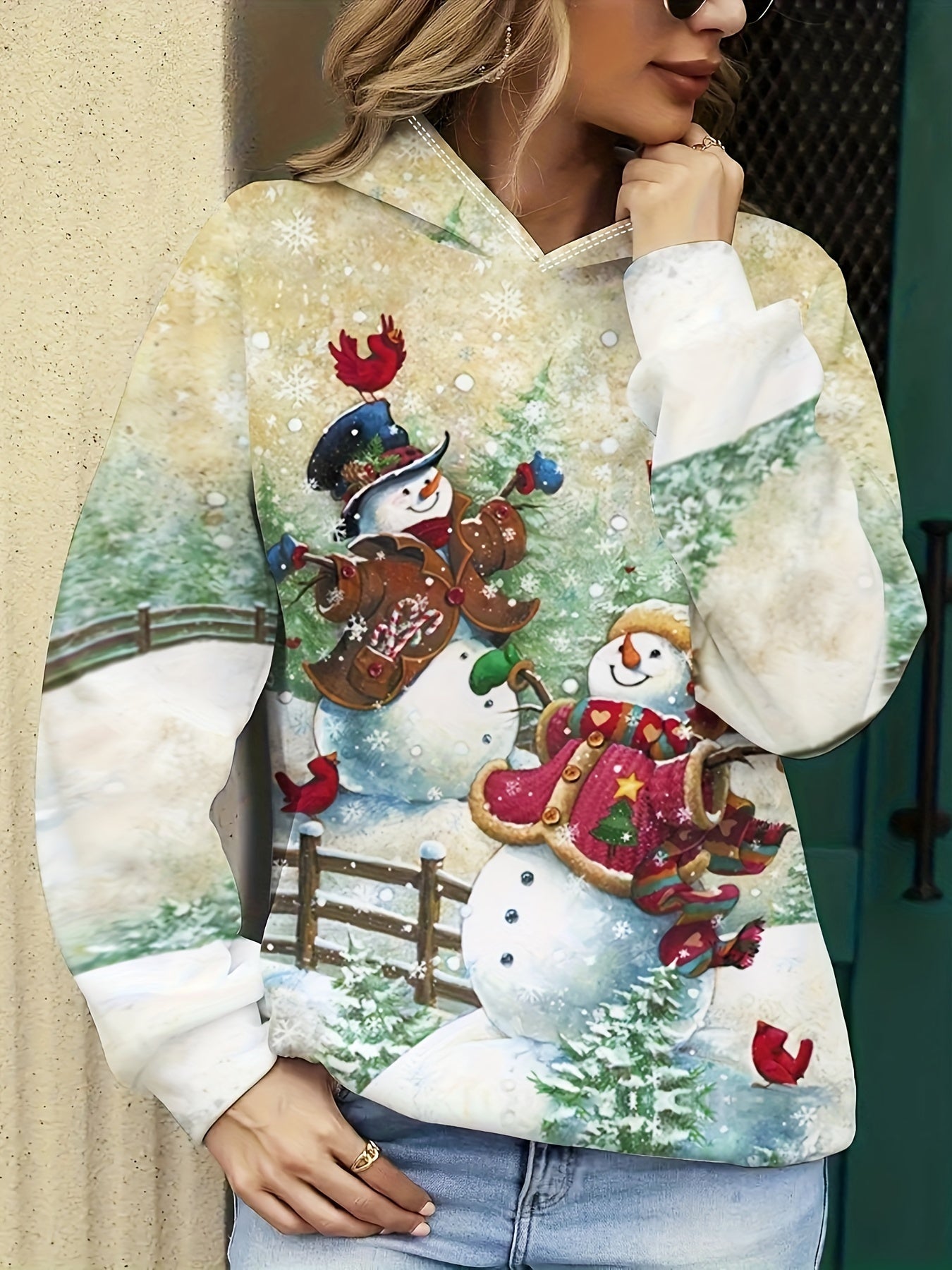 Women's Christmas Snowman Print Hoodie, Casual Polyester Pullover with Long Sleeves, Festive Holiday Sweatshirt for All Seasons