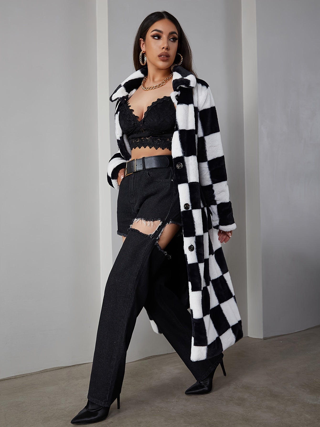 Stylish Plaid Faux Fur Long Sleeve Double Breasted Coat - Women's Winter Warm Fulffy Over Knee Length Outwear with Soft Faux Fur Lining and Adjustable Buttons - Perfect for Cold Weather