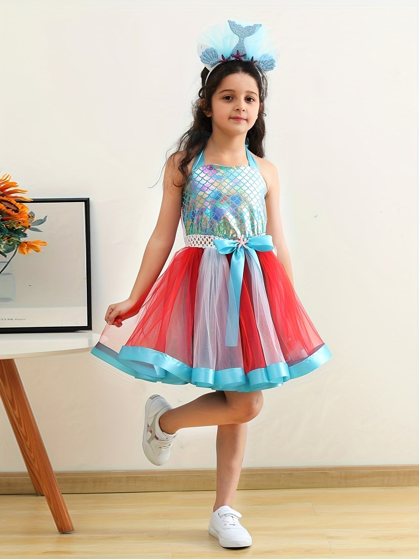 Tutu Dress and Headband Set - Sparkling Fish Scale Pattern Mesh Outfit for Girls - Perfect for Christmas, Halloween, Birthday Party, Performance, and Gift-Giving Occasions