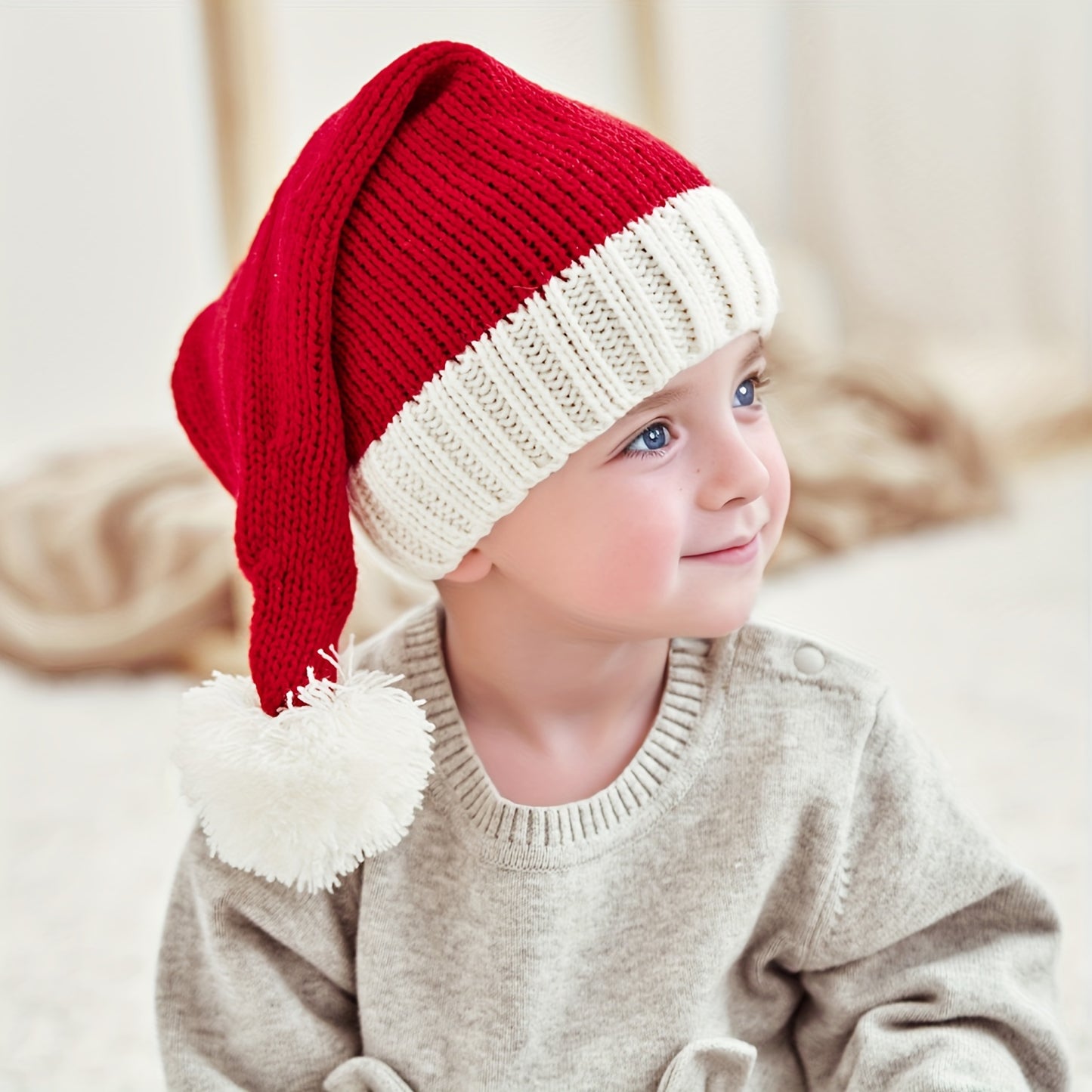 Cozy Family Matching Knit Beanie with Pom-Pom - Vintage Style, Acrylic Fiber, Red - Perfect for Christmas & Winter Warmth