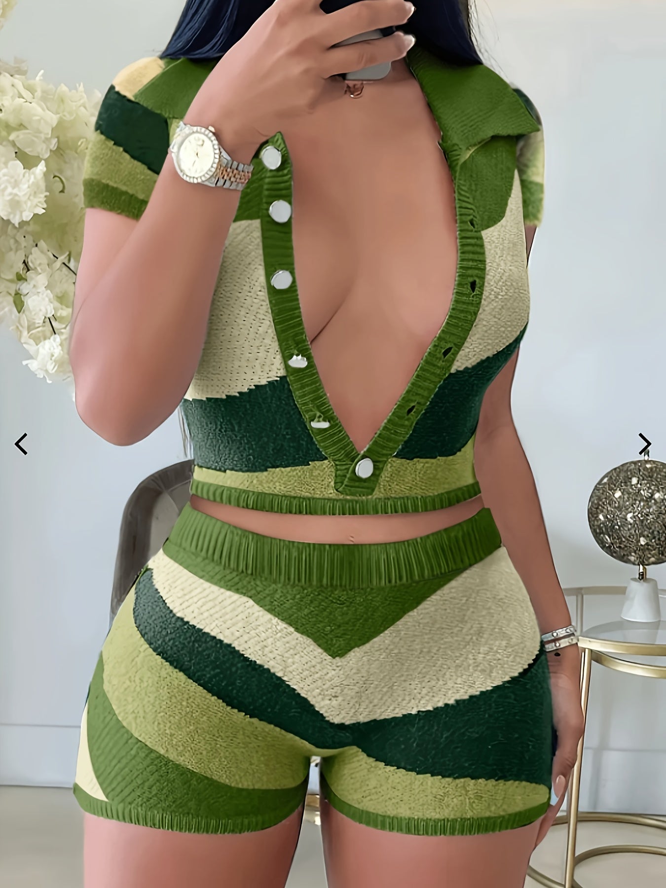 Two-Piece Y2K Color Block Lapel Collar Short Sleeve Top & Skinny Shorts Set - Polyester Mid-Elasticity Knit Fabric, Random Printing, Patchwork Pattern, Button Front, Perfect for Spring & Summer, Womens Clothing