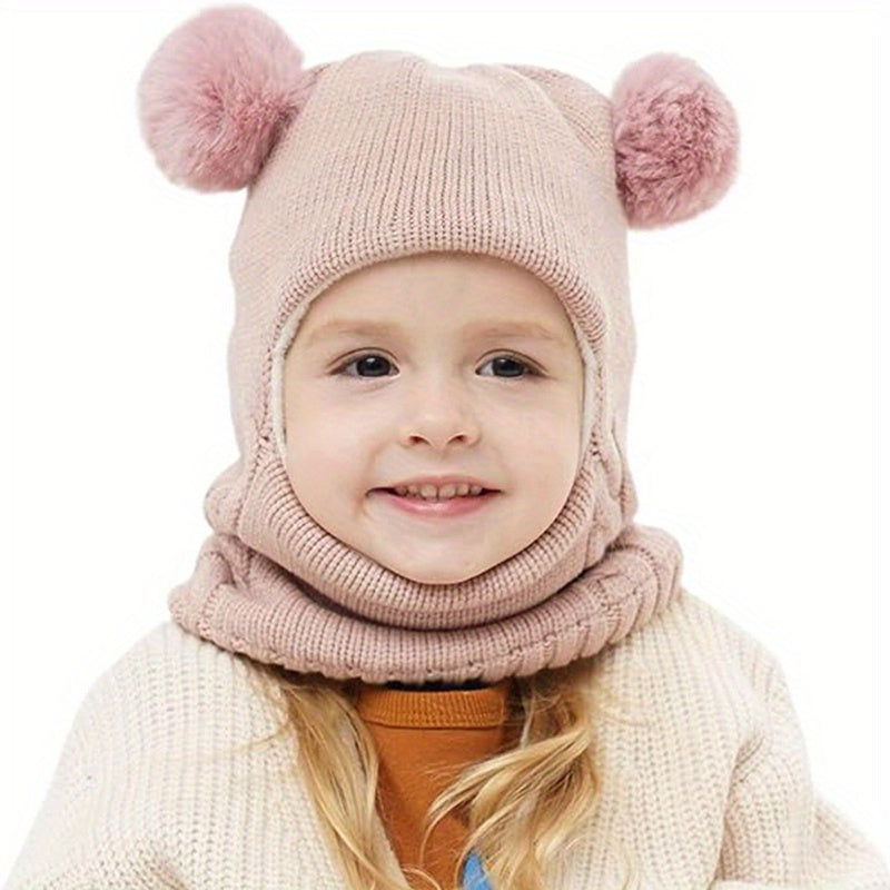 1pc Toddler Winter Beanie Hat Scarf, Kids Winter Warm Knit Hat With Pom, Children Soft Warm Beanie For Little Boys Girls Caps