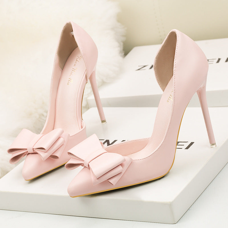 3168-2 Korean Style Fashionable Sweet Bowknot High Heels Stiletto Heel Shallow Mouth Pointed Toe Side Hollow out Pumps