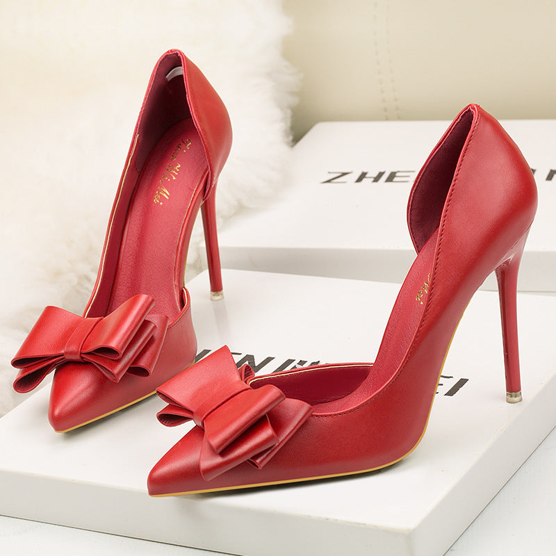 3168-2 Korean Style Fashionable Sweet Bowknot High Heels Stiletto Heel Shallow Mouth Pointed Toe Side Hollow out Pumps
