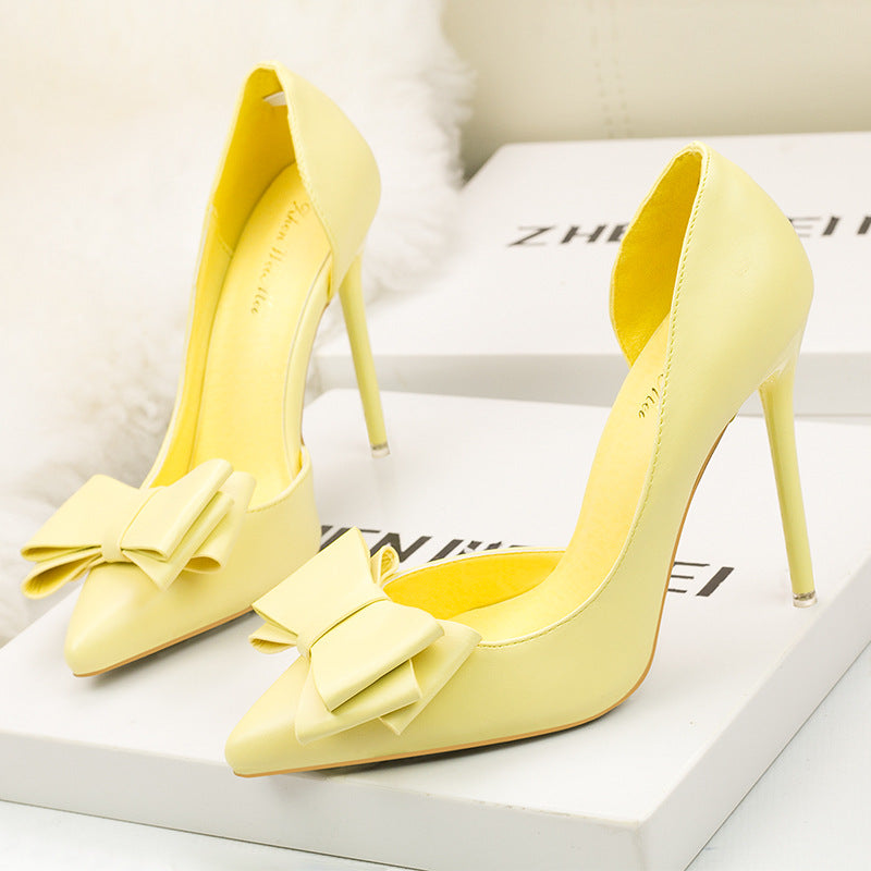 3168-2 Korean Style Fashionable Sweet Bowknot High Heels Stiletto Heel Shallow Mouth Pointed Toe Side Hollow out Pumps